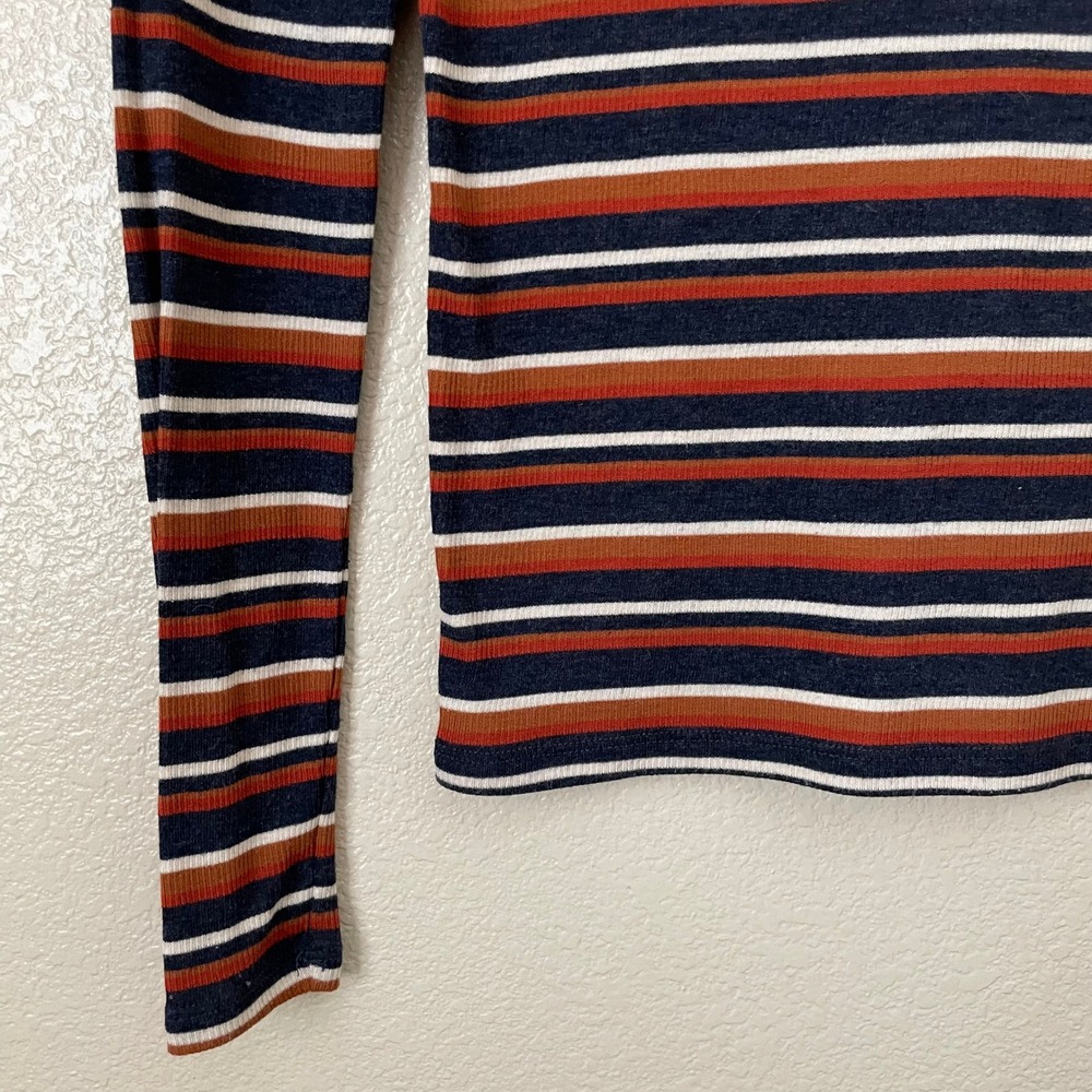 Madewell Top Womens Small Blue Brown Ribbed Striped Turtleneck Long Sleeve Shirt - Picture 6 of 12